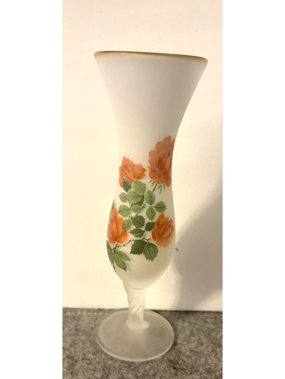 Vintage 8" White Satin glass Bud Vase w/ Peach Roses and a Swirl Stem # 3428